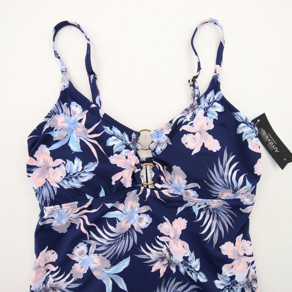 Ambrielle Tankini Top Navy Floral Tropical O Ring Cutout Padded Swim Top Small - Picture 2 of 10